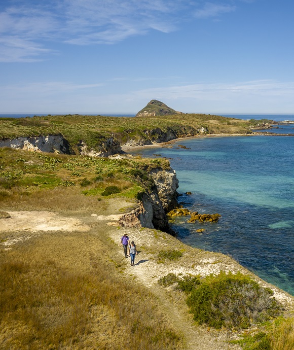 People walking along the cliff top near Coal Shaft Bay Lookout, Broughton Island, Myall Lakes National Park