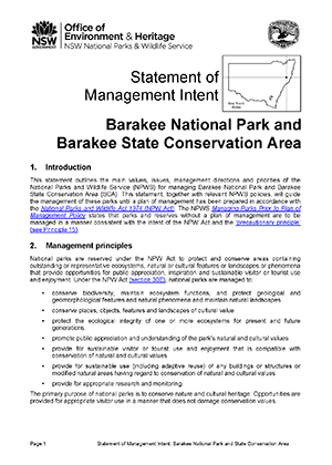 Barakee National Park and Barakee State Conservation Area Statement of Management Intent