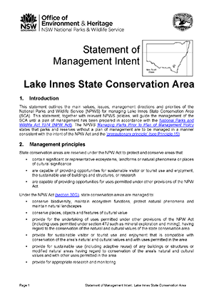 Lake Innes State Conservation Area Statement of Management Intent cover