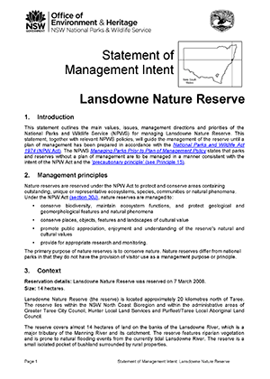Lansdowne Nature Reserve Statement of Management Intent cover