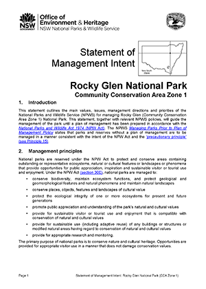 Rocky Glen National Park (CCA Zone 1) Statement of Management Intent