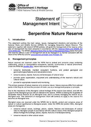 Serpentine Nature Reserve Statement of Management Intent cover