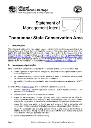 Toonumbar State Conservation Area Statement of Management Intent cover