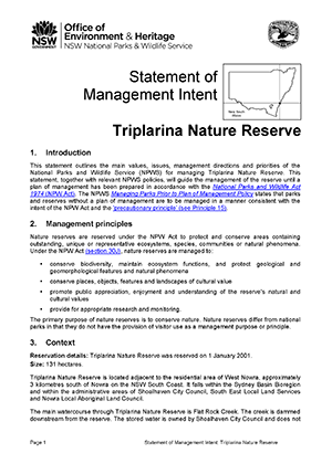Triplarina Nature Reserve Statement of Management Intent