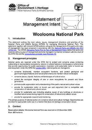 Woolooma National Park Statement of Management Intent