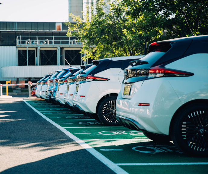 A fleet of similar white electric vehicles parked in a row in fast charging parking spots.