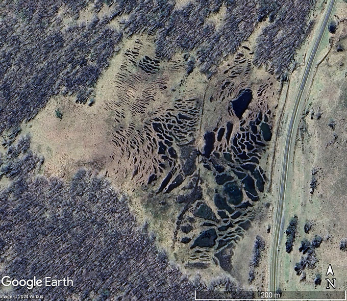 An aerial view of a landscape featuring a dendritic drainage pattern adjacent to a road