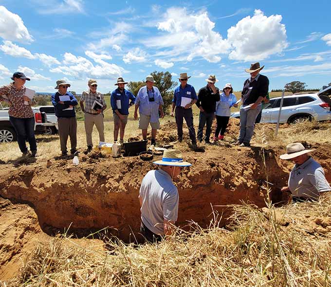 Individuals examine a soil pit during an educational field day on soil science
