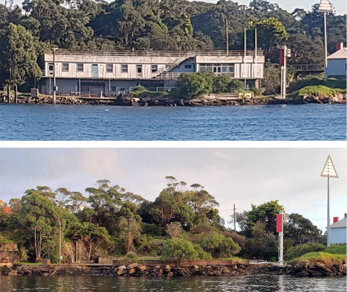 Two photographs one above the other: the upper photograph showing a long, squat building right at the water's edge and the lower photograph showing the same location, but the building has been removed. The lower photograph is of a higher resolution and now all the trees and bushes and built stony shoreline are the features of the image.