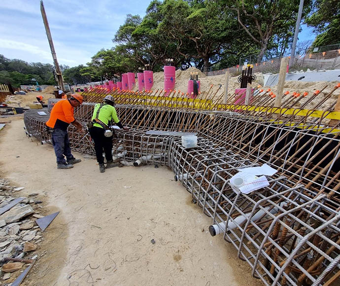 Reinforcement being fixed to capping beam