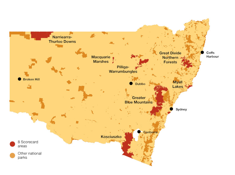 A coloured map showing the 8 areas of NSW parks with Ecological Health Performance Scorecards