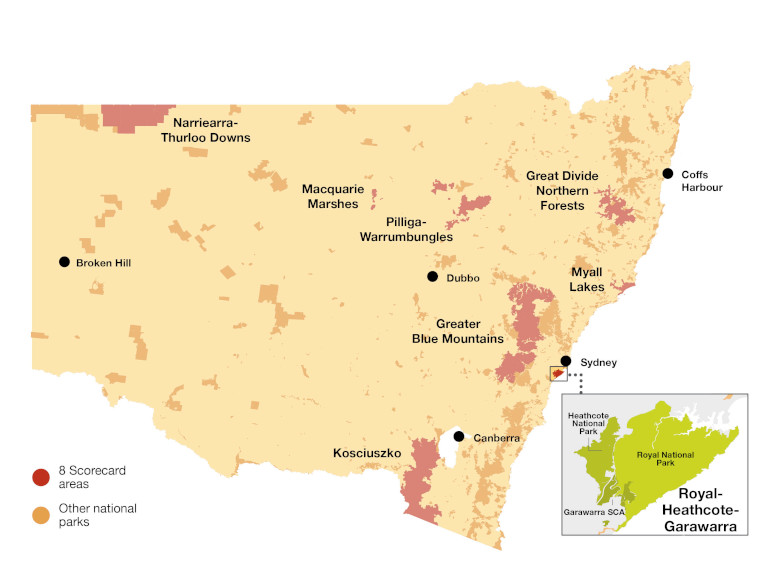 A coloured map of New South Wales highlighting the first scorecard site, Royal National Park including Heathcote National Park and Garawarra State Conservation Area