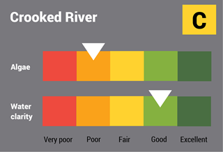 Crooked River water quality report card for algae and water clarity showing colour-coded ratings (red, orange, yellow, light green and dark green, which represent very poor, poor, fair, good and excellent, respectively). Algae is rated 'poor' and water clarity is rated 'good' giving an overall rating of 'fair' or 'C'.