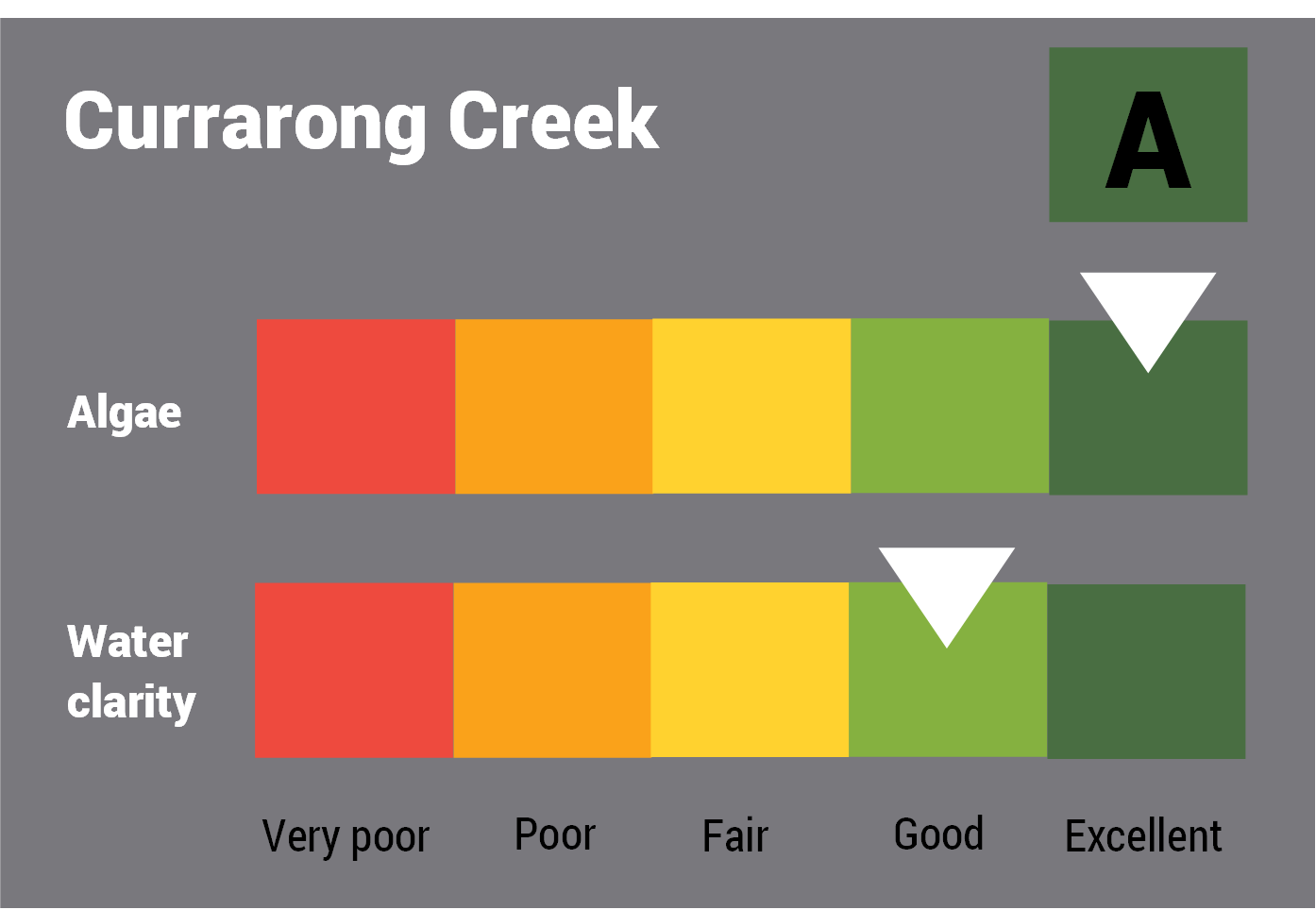 Currarong Creek water quality report card for algae and water clarity showing colour-coded ratings (red, orange, yellow, light green and dark green, which represent very poor, poor, fair, good and excellent, respectively). Algae is rated 'excellent' and water clarity is rated 'excellent' giving an overall rating of 'excellent' or 'A'.