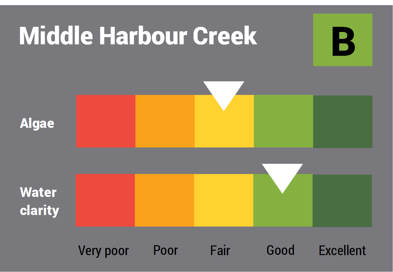 Middle Harbour Creek water quality report card for algae and water clarity showing colour-coded ratings (red, orange, yellow, light green and dark green, which represent very poor, poor, fair, good and excellent, respectively). Algae is rated 'fair' and water clarity is rated 'good' giving an overall rating of 'good' or 'B'.