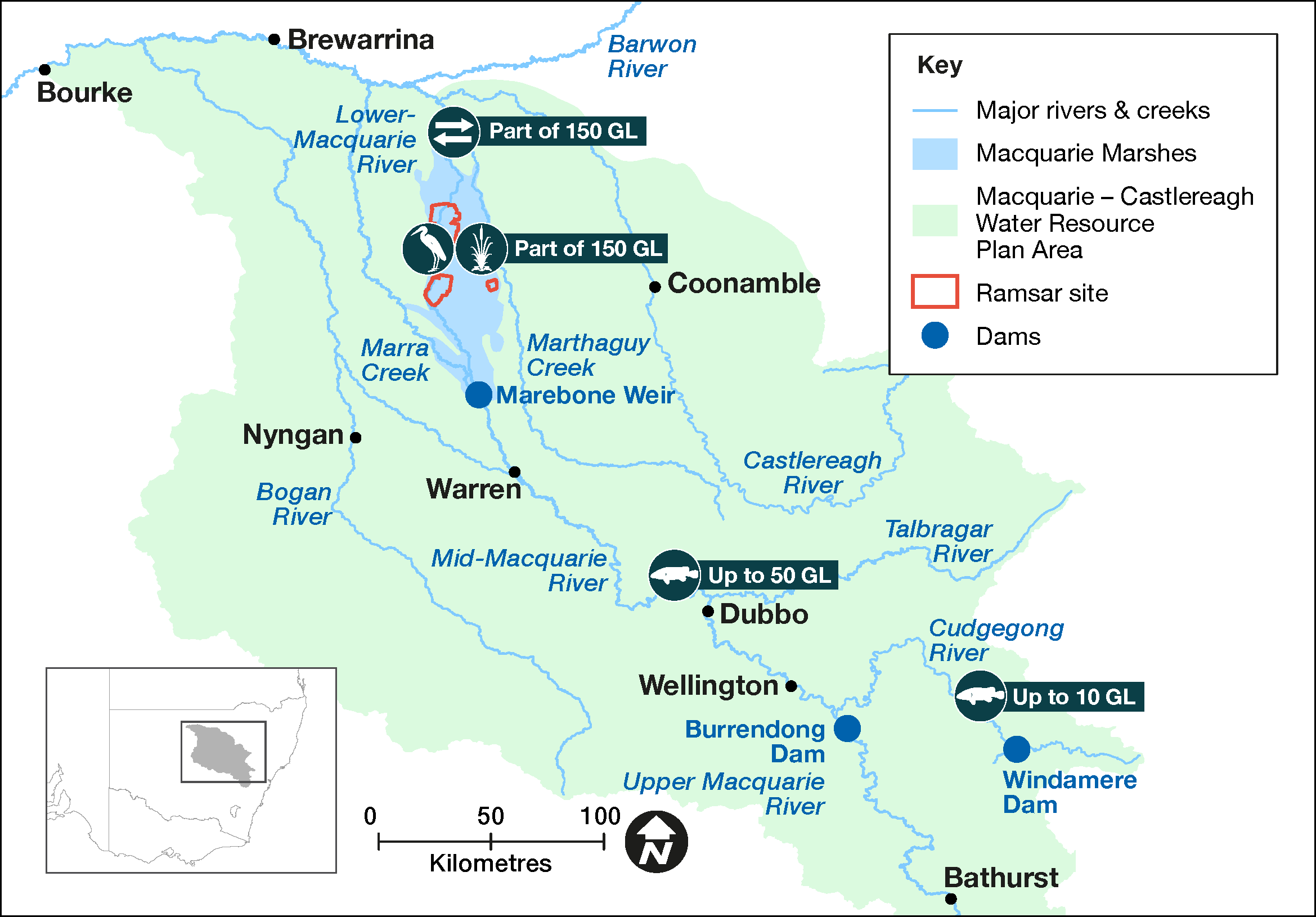Map of proposed annual priority targets in the Macquarie–Castlereagh Water Resource Plan area 2023–24