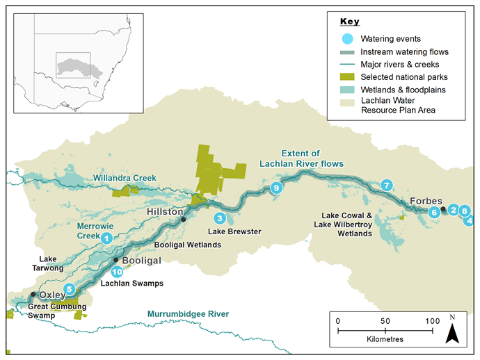 Map of the Lachlan catchment showing waterways, wetlands and locations of water for the environment deliveries made in 2018-19.  