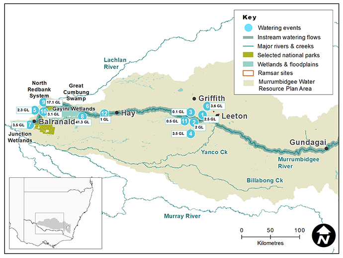 Map of the Murrumbidgee catchment showing waterways, wetlands and locations of water for the environment deliveries made in 2019–20.