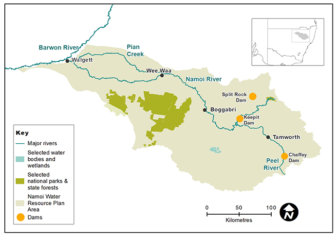 Map of the Namoi catchment showing waterways, wetlands and locations of water for the environment deliveries made in 2019–20.