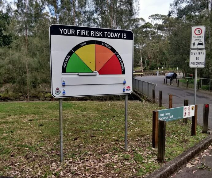 Bushfire hazard sign showing 'your fire risk today' with a range from moderate, high, extreme and catastrophic. 