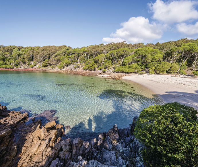 Bittangabee Bay featuring clear turquoise waters, a sandy beach, and surrounding dense greenery with rocky outcrops under a blue sky with scattered clouds.