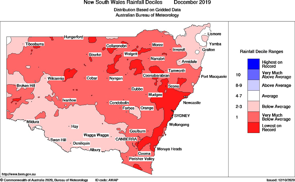 NSW rainfall deciles map for December 2019