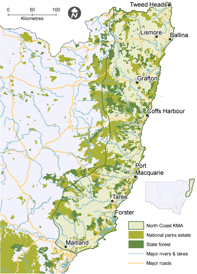 A detailed map demonstrating the extent of the North Coast Koala Management Area (KMA), with national parks, state forests, major waterways and roads.