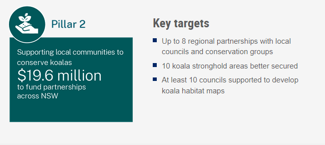 Infographic depicting Pillar 2 of the Koala Strategy, subtitled "Supporting local communities to conserve koalas" and detailing key targets in this pillar