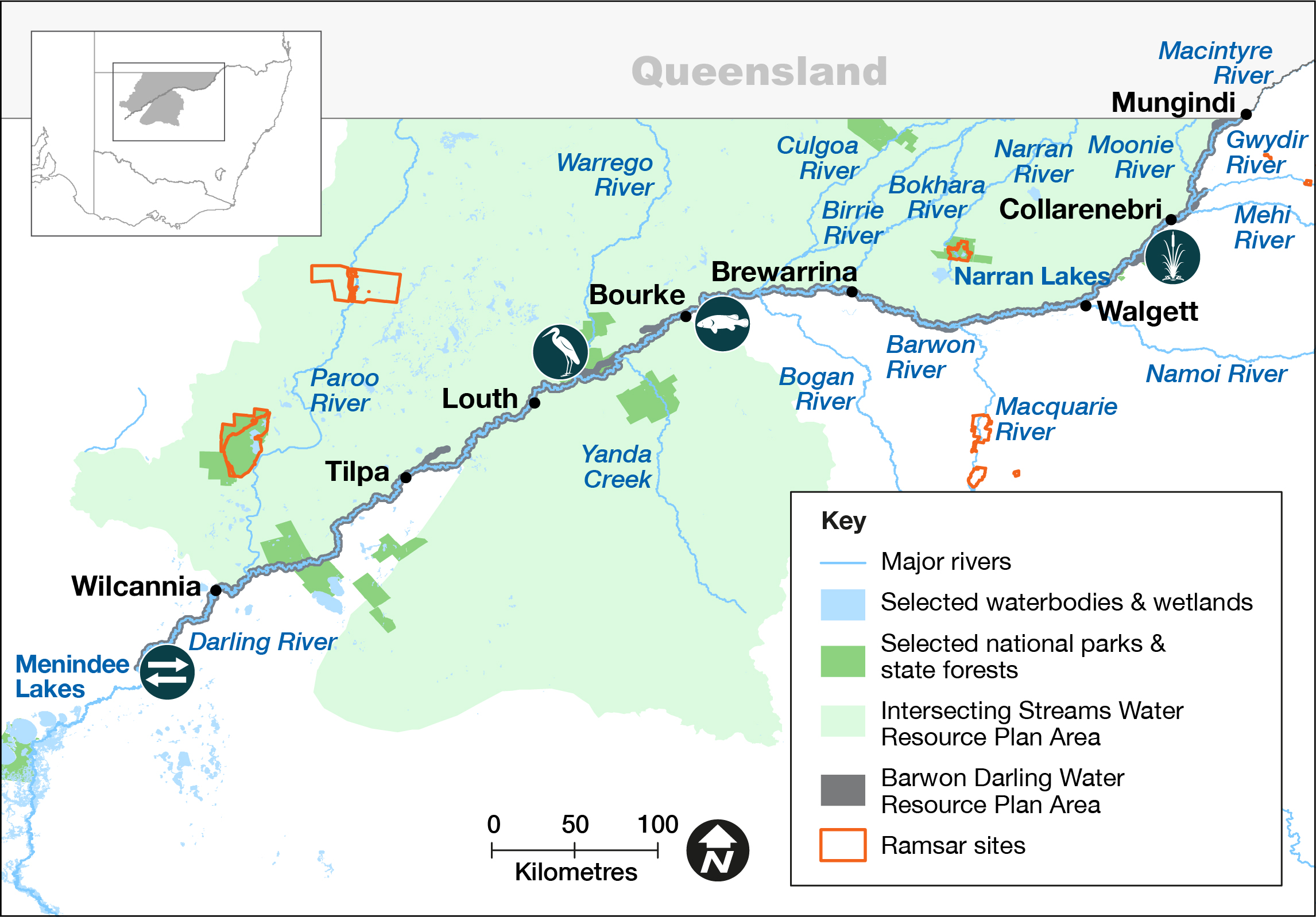 Map of the Barwon-Darling Barwaan–Baaka Water Resource Plan area 2022–23. Major rivers like the Darling and Barwon Rivers are shown in blue, with towns such as Bourke, Brewarrina, Walgett, and Menindee marked by black dots and labels. Selected waterbodies are in light blue. A dashed line outlines the resource plan area, including parts of the river system and nearby regions. An orange outline near Menindee Lakes indicates a Ramsar site. The map includes a key for symbols.