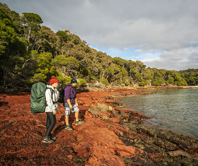 Two bushwalkers standing on a rocky ledge looking out over Bittangabee Bay.