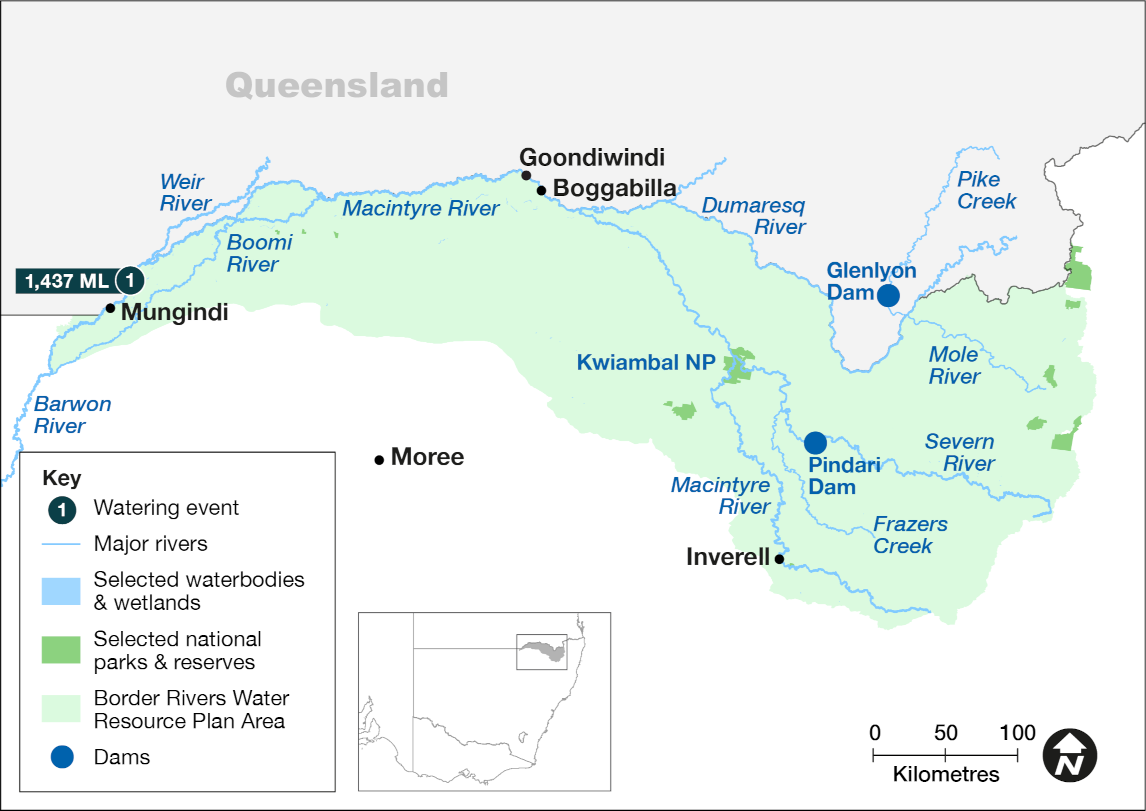 Map of the Border Rivers catchment showing waterways, wetlands and locations of water for the environment deliveries made in the 2023-24 water year with corresponding volumes.