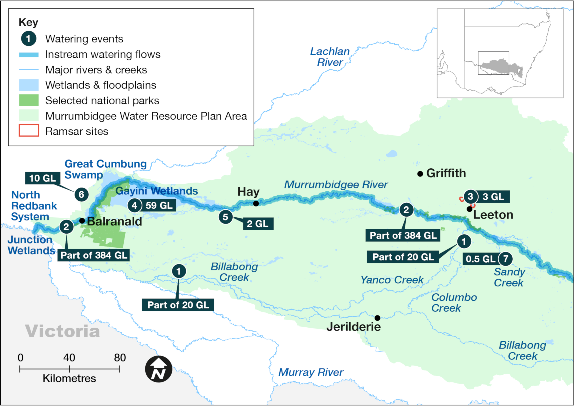 Map of the Murrumbidgee catchment showing waterways, wetlands and locations of water for the environment deliveries made in the 2023-24 water year with corresponding volumes.