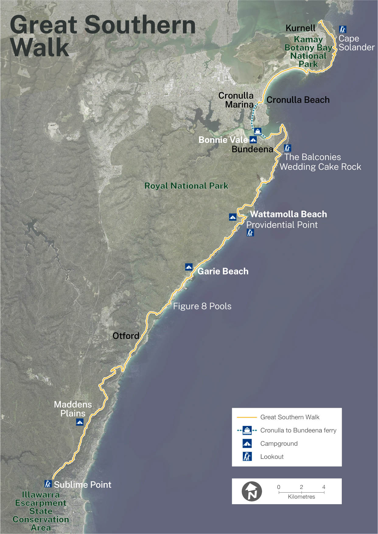 A detailed map of the Great Southern Walk, featuring a network of walking trails that weave through diverse landscapes, including coastal areas, forests, and scenic lookouts. The map highlights various points of interest, campgrounds, and facilities along the route. Key landmarks and distances between them are clearly marked, providing a comprehensive guide for hikers and adventurers exploring this scenic trail.