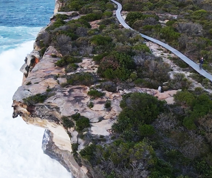 Drone view of the Royal Coast Track, Royal National Park. 