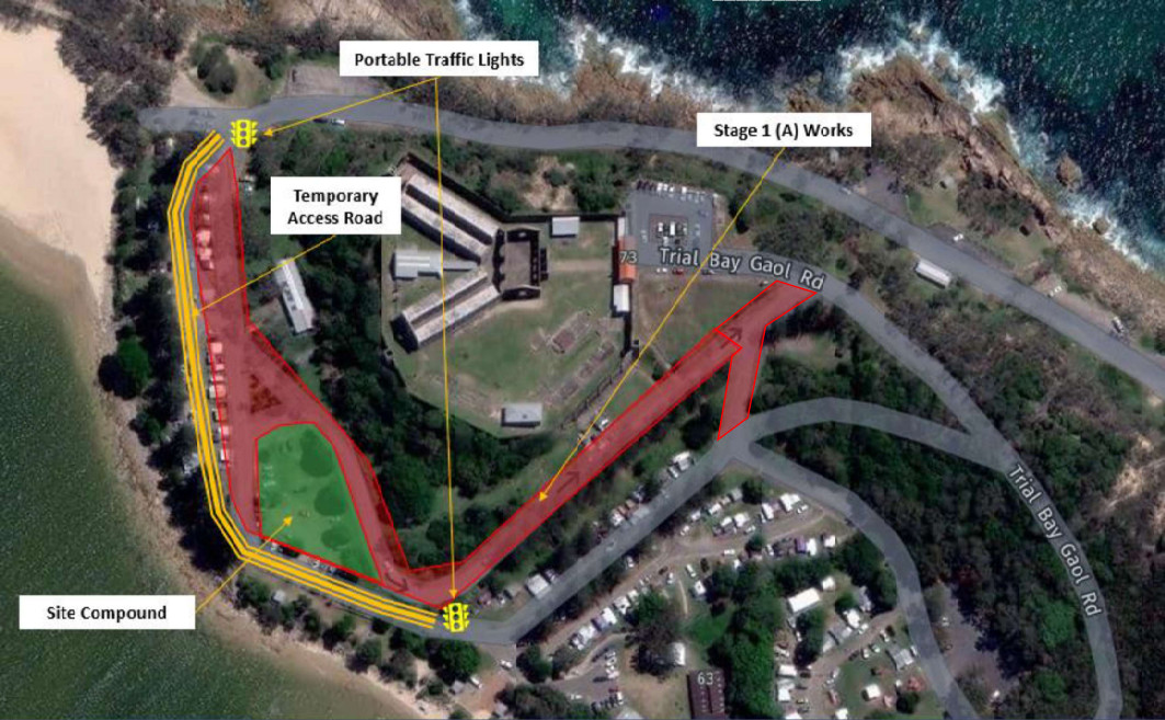 Aerial map of Stage A of the improvement works for the Trial Bay Campground, highlighing the location of the portable traffic lights  and the temporarily restricted areas.