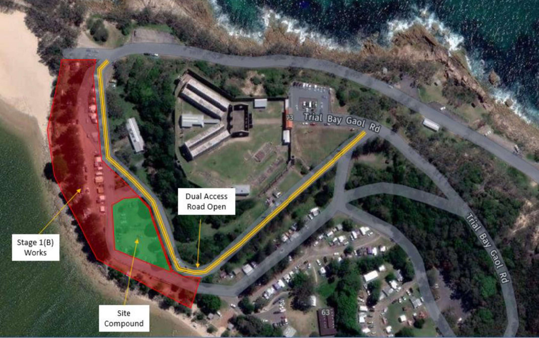 Aerial map of Stage B of the improvement works for the Trial Bay Campground, highlighing the location of the temporarily restricted area, and alternative path.