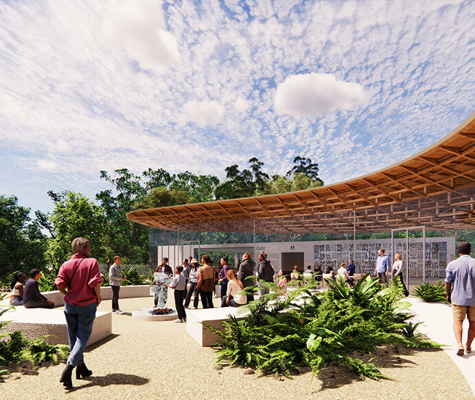 Artistic renditions of draft concept plans for the new Arc Rainforest Centre at Dorrigo National Park, featuring a modern design with a curved roof and a wall full of artwork, surrounded by natural greenery, and people attending a guided tour.