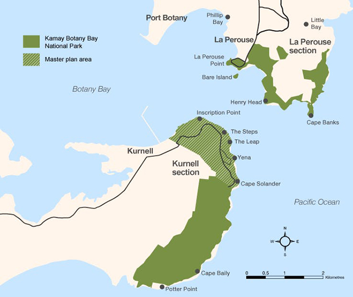 Kamay Botany Bay National Park Map: A map of Kamay Botany Bay National Park, showing key areas, paths, and visitor sites within the park. Labels highlight significant locations and the park layout.