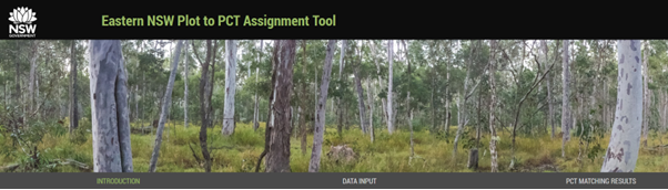 Screen shot of the Plot to PCT Tool showing A forest and the location above as Eastern NSW Plot to PCT Assignment Tool