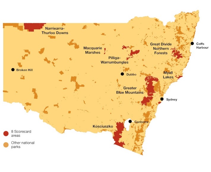 A coloured map showing the 8 areas of NSW parks with Ecological Health Performance Scorecards