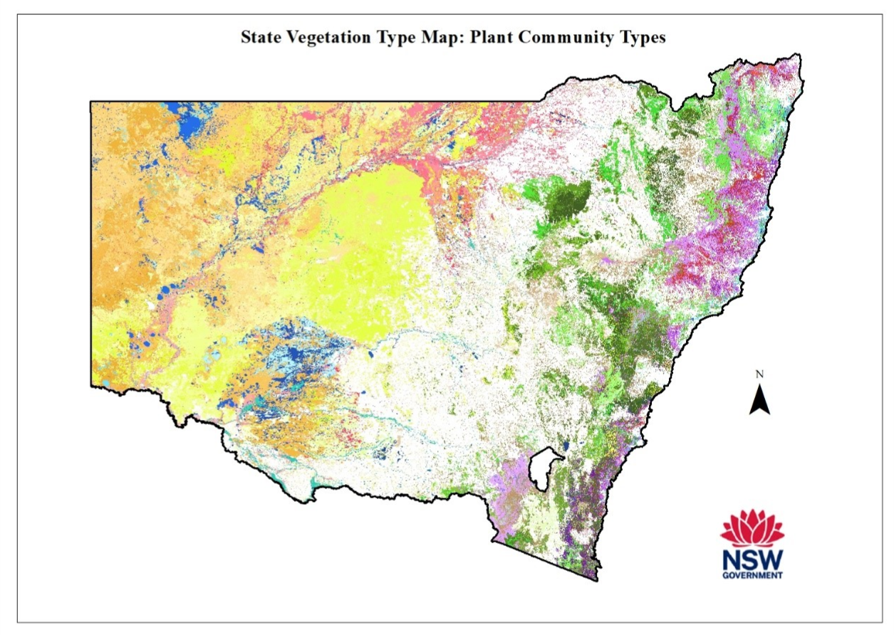 Map of New South Wales (NSW) showing various vegetation types and plant community types. The map is color-coded to represent different vegetation types across the state, with a legend indicating the specific plant communities. The map includes a compass rose for orientation and the NSW government logo at the bottom right corner.