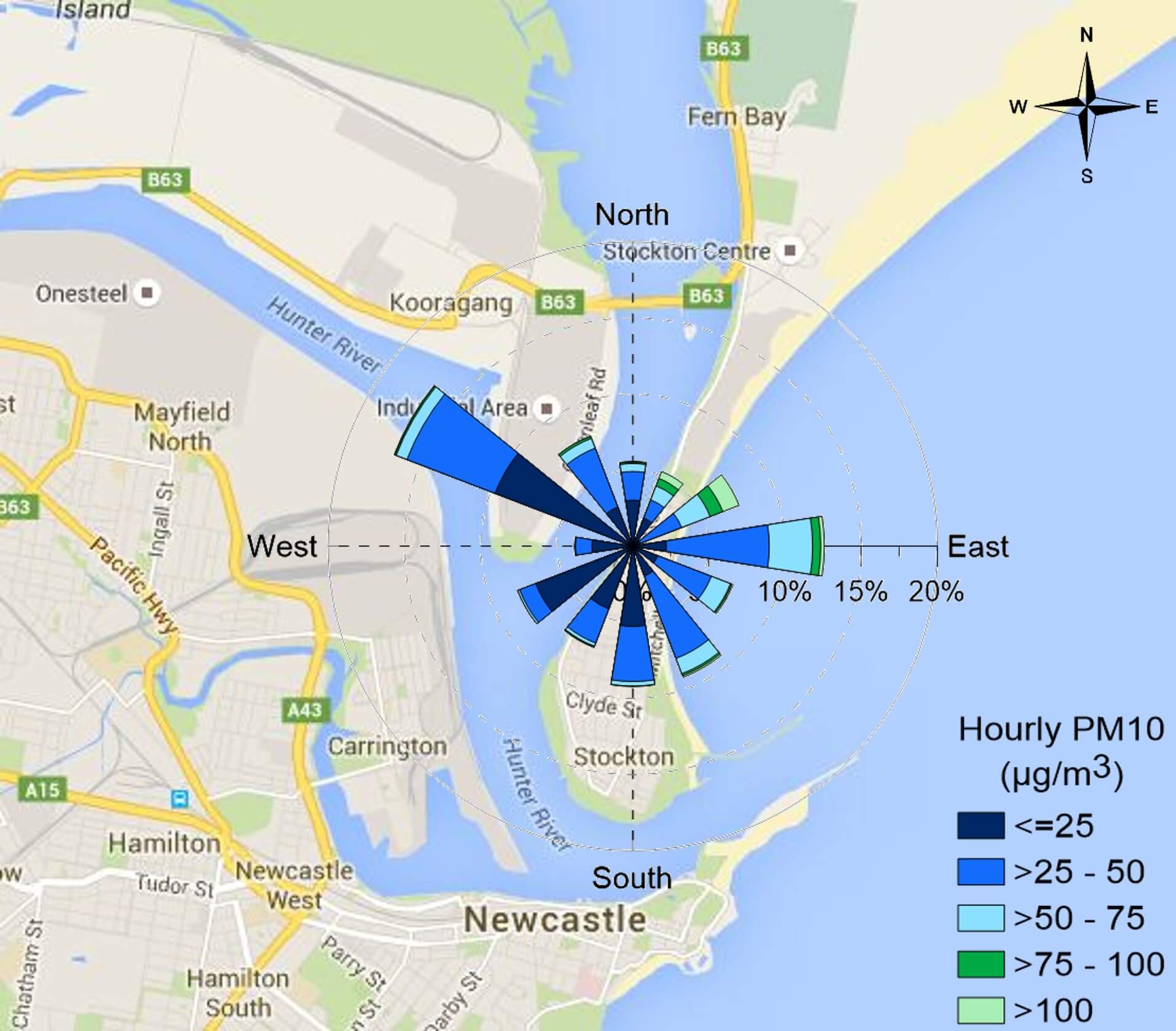 Map of the Newcastle area with a superimposed rose graph showing the hourly PM10 particle levels and associated wind direction.