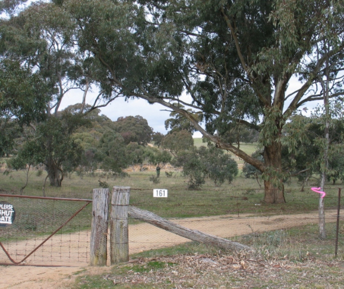 A rural scene with a dirt road leading to a metal gate. The gate is closed and has a sign attached to it. There are trees and bushes surrounding the area, and a few buildings can be seen in the background.